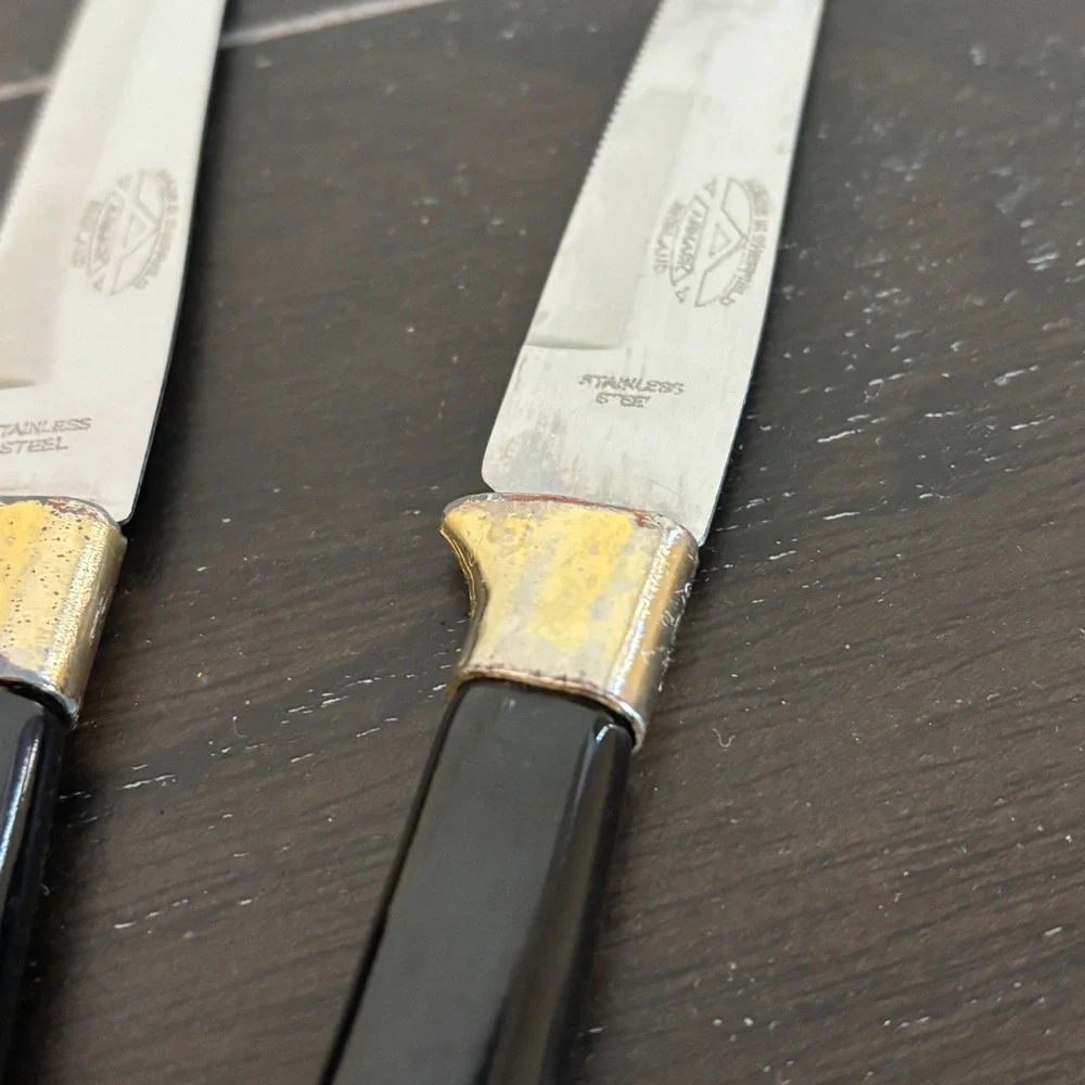 Vintage Armack Sheffield‎ England Steak Knife Set 5pc Black Gold Stainless Steel